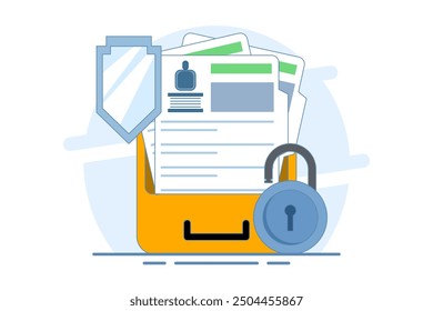 Personal data protection concept, Protect with padlock on documents with personal data security protection. Safety and security of personal information. Vector illustration in flat style.