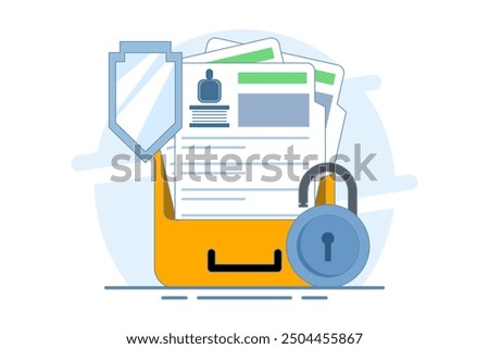 Personal data protection concept, Protect with padlock on documents with personal data security protection. Safety and security of personal information. Vector illustration in flat style.