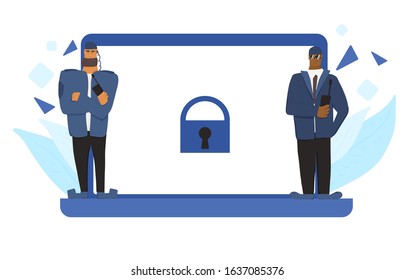 Personal data protection concept. Security guards men  defending confidential information. Two male characters saving social media users trails. Vector illustration. 