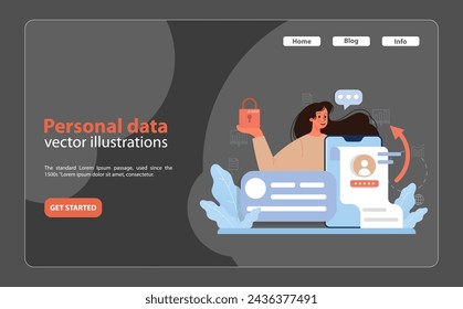 Personal data protection concept. Woman holds a digital padlock near a user profile, ensuring cybersecurity and privacy. Upward arrow indicates rising security measures. Flat vector illustration