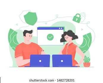 Personal Data Protection, Cyber Security, Two Young People Are Working On Laptops, Programming And Programmers Character, Digital Data Security Service Cartoon Flat Vector