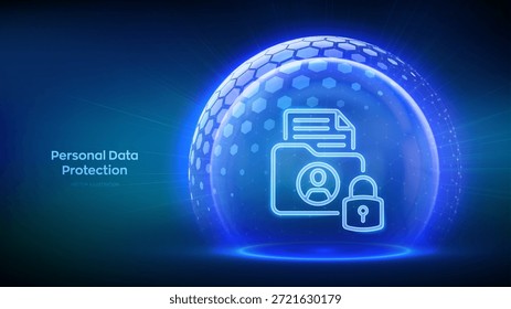 Personal data protection. Cyber security. Personal data security. GDPR. Protected folder icon inside transparent sphere shield with hexagon pattern. Internet privacy and safety. Vector illustration.