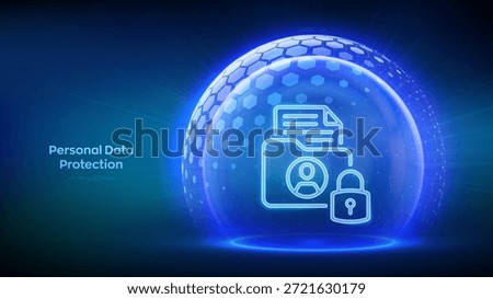 Personal data protection. Cyber security. Personal data security. GDPR. Protected folder icon inside transparent sphere shield with hexagon pattern. Internet privacy and safety. Vector illustration.