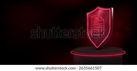 Personal data protection, futuristic 3D shield on podium with neon lines, protection of documentation, personal data, cyber security.Red data protection banner with 3D shield. Vector illustration	
