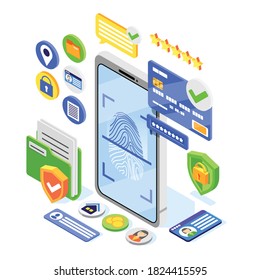 Personal data protection gdpr isometric composition with image of smartphone with fingerprint and credit card pictograms vector illustration