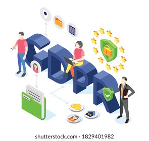 Personal data protection gdpr isometric background composition with 3d text surrounded by pictogram icons and people vector illustration