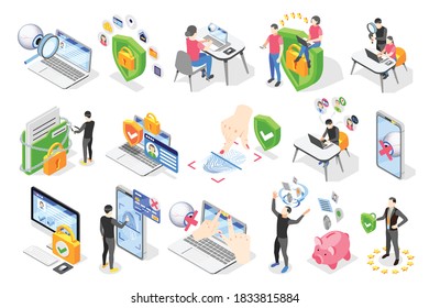 Personal data protection gdpr isometric icons collection of pictograms and images of gadgets with human characters vector illustration