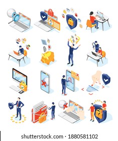 Personal data protection gdpr isometric recolor set of isolated icons and pictograms with gadgets and people vector illustration