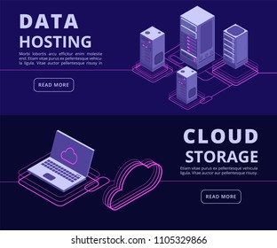 Protección de datos personales, soluciones de alojamiento, sincronización de equipos, banners vectoriales de redes de datos establecidos con equipos isométricos. Nube de base de datos de servidor, ilustración de información web de protección de servicio