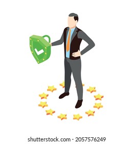 Personal Data Protection Icon With Confident Man Holding Green Shield Isometric Vector Illustration