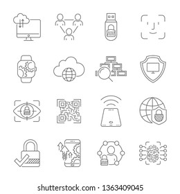 Iconos de protección de datos personales, inicio de sesión seguro de cuenta, inicio de sesión de interfaz de usuario, reconocimiento de cara, autorización de acceso al sitio, protección en línea y seguridad. Trazo editable. EPS 10