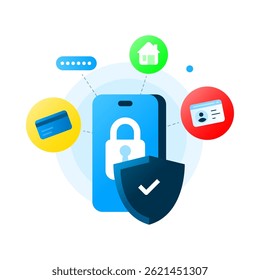 Personal data protection illustration. smartphone, password, address, and identity card with security icons padlock and shield. Concept of digital privacy and cybersecurity for personal information