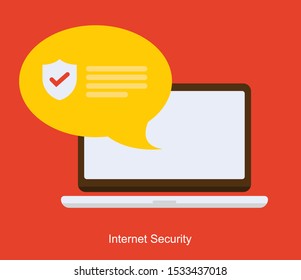 Personal data protection, internet security, notification icon showing on laptop display isolated on red background, vector and illustration. 