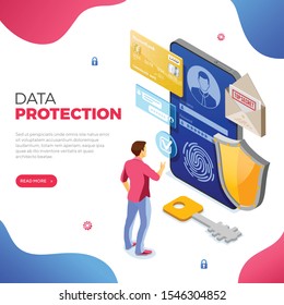 Protección de datos personales, seguridad en Internet. teléfono con protección de datos confidencial, escudo, formulario de inicio de sesión del usuario. concepto isométrico antivirus hacking. plantilla de página de inicio. ilustración vectorial aislada