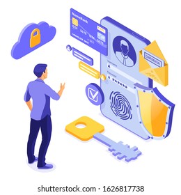 Personal data protection, internet security. phone with confidential data protection, shield, user login form. antivirus hacking isometric concept. isolated vector illustration