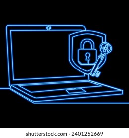 Personal data protection. Internet social networks media cyber privacy, protect confidential information. Laptop screen with key, lock icon neon glow vector illustration concept