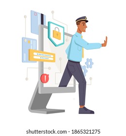 Personal data protection isolated cyber police officer. Vector digital information security, internet technology hackers guard, policeman stop web attacks. Computer display and police fighting crimes