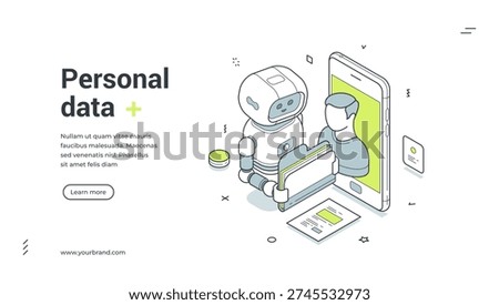 Personal data protection isometric banner. Robot for user privacy and security. Modern web template vector illustration for artificial intelligence, confidential information and identity