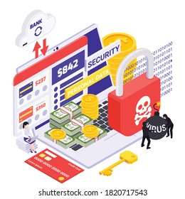 Personal data protection isometric composition  with credit card banknotes coins red padlock with skull icon vector illustration