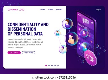 Personal data protection isometric landing page. Internet social networks media cyber privacy, protect confidential information. Smartphone screen with connected human profiles, 3d vector web banner