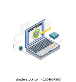 Personal data protection. Isometric laptop with website or app. Shield and padlock protecting password and personal information. Server, code and safety connections. Golden personal key.
