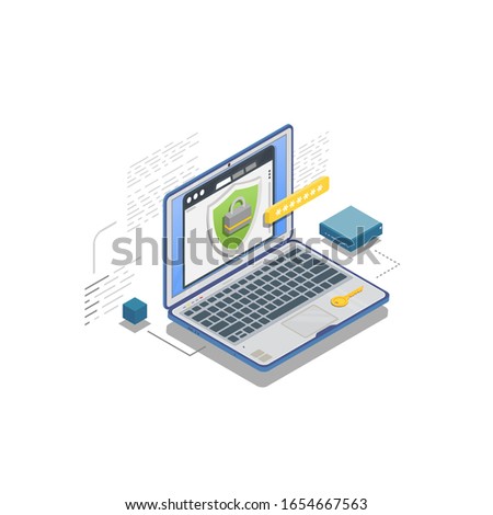 Personal data protection. Isometric laptop with website or app. Shield and padlock protecting password and personal information. Server, code and safety connections. Golden personal key.