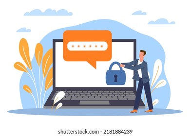 Personal data protection lock code. Secure password, huge laptop screen and tiny man, computer virus and cyber attack, information security, private life, vector cartoon flat concept