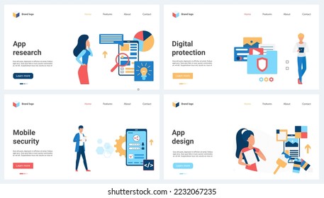 Personal data protection and mobile app development, UI design and security set vector illustration. Cartoon tiny people develop software interface, construct online application on cloud platform