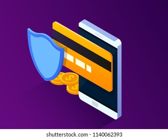 Personal data protection. Mobile payments concept. Smartphone with credit card, coins and protection shield in vector 3d isometric illustration.