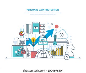 Personal data protection. Preservation and confidentiality of information, database secure, measures to reduce data vulnerability, security information systems. Illustration thin line design.