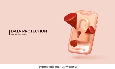 Personal Data Protection. Realistic 3d Padlock Under Ddos, Virus, Hackers, Cyber Attack. The Concept Of Personal Data Protection In Cartoon Minimal Style. Vector Illustration