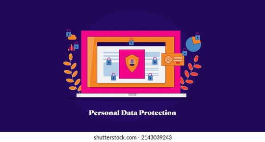 Personal data protection, Data security, GDPR, Data protection software system on laptop screen - outline creative vector illustration with icons