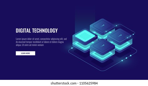 Personal data protection, server room, datacenter concept, bigdata processing isometric vector, futusristic digital technology, computing unit