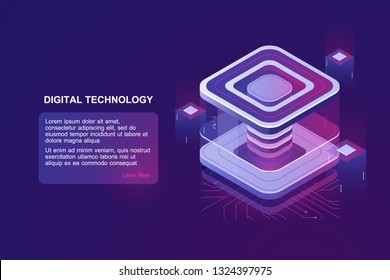 Personal data protection, server room, datacenter concept, bigdata processing isometric vector, futusristic digital technology, computing unit