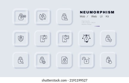 Personal data protection set icon. Lock, password, sync, synchronization, shield, phone, unlock, security system, gear. Privacy concept. Neomorphism. Vector line icon for Business and Advertising.