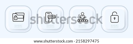 Personal data protection set icon. Folder, computer, information, password, pin code, man, people, padlock, secure. Privacy concept. Neomorphism style. Vector line icon for Business and Advertising. 商業照片 © 