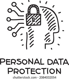  Personal data protection - sketchy vector illustration. The head with the lock and the connectors, which are following outside the head.