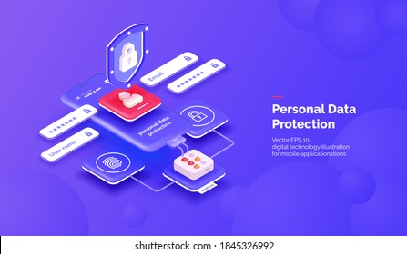 Sistema de protección de datos personales. Un teléfono móvil con una interfaz de seguridad. Protección de datos personales de aplicaciones móviles. Ilustración vectorial estilo isométrico.