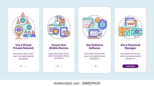 Tipps zum Schutz personenbezogener Daten auf dem mobilen App-Bildschirm. Internetsicherheit durch vier Stufen grafische Anleitungen mit Konzepten. UI, UX, GUI-Vektorvorlage mit linearen Farbillustrationen
