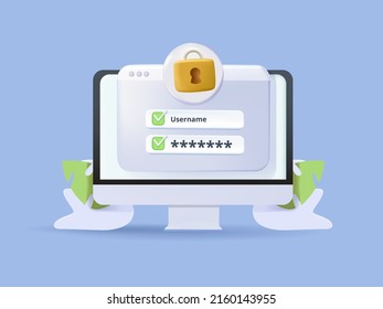 Personal data security 3D illustration. Information privacy, verification technologies, access control system, data access, user password. Computer screen with lock. 3D Web Vector Illustrations