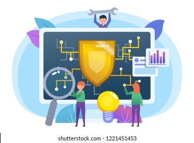 Personal data security, antivirus PC protection. Small people stand near big screen with shield. Poster for web page, banner, social media, presentation. Flat design vector illustration