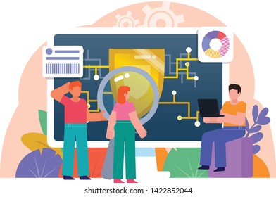 Personal data security, antivirus, PC protection. People stand near big screen with shield. Poster for web page, banner, social media, presentation. Flat design vector illustration