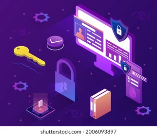 Personal data security concept. A computer and a phone with protected personal data. Metaphor for protecting personal information on the Internet. Isometric vector illustration on a purple background