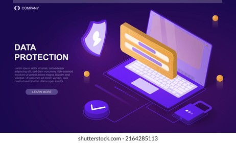 Personal data security concept. Digital system for protecting information on device with closed lock. Gaining access with password. Cybersecurity on Internet. Cartoon isometric vector illustration