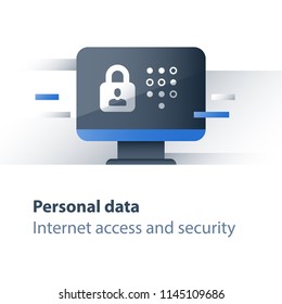 Personal Data Security Concept, Limited Access, Cyber Crime Protection, Computer Antivirus, Monitor And Lock, Strong Password, Vector Flat Icon