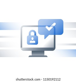 Personal data security concept, limited access, cyber crime protection, computer antivirus, monitor and lock, strong password, vector flat icon