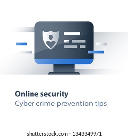 Personal data security concept, limited access, cyber crime prevention, computer antivirus, monitor and shield, strong protection, vector flat icon