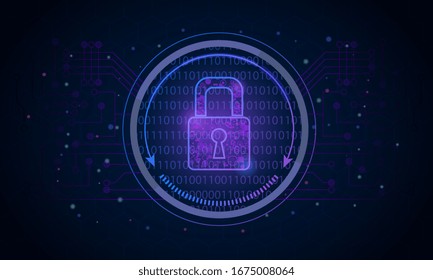 Personal data security icon with glowing purple padlock enclosed in a circle on a dark screen background, vector illustration