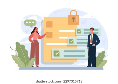 Personal data security. Information privacy and confidentiality. Digital protection, GDPR and privacy politics. Charcter protecting private data and legal information. Flat vector illustration