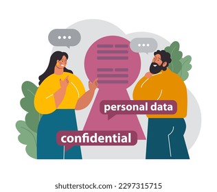 Personal data security. Information privacy and confidentiality. Digital protection, GDPR and privacy politics. Charcter protecting private data and legal information. Flat vector illustration